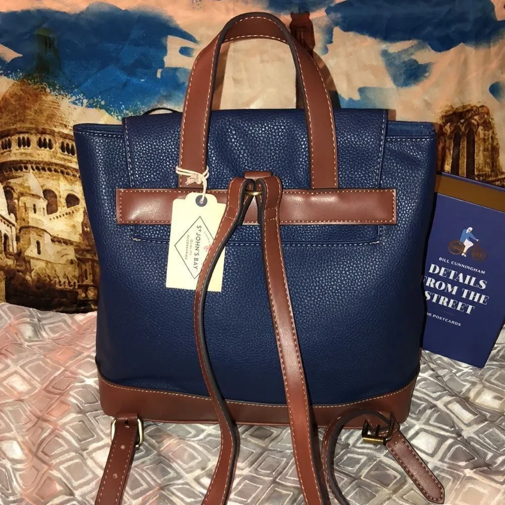 St. John’s Bay Faux Leather Navy Brown Westbrook Backpack Purse